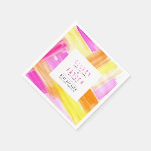明るい抽象芸術アートピンクイエローピーチ結婚ズ スタンダードカクテルナプキン (角)