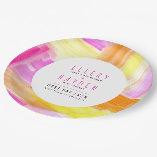 明るい抽象芸術アートピンクイエローピーチ結婚ズ ペーパープレート (アングル)