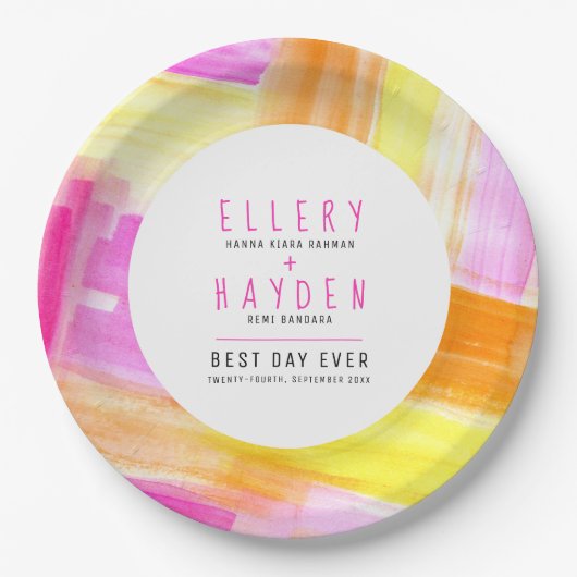 明るい抽象芸術アートピンクイエローピーチ結婚ズ ペーパープレート (正面)