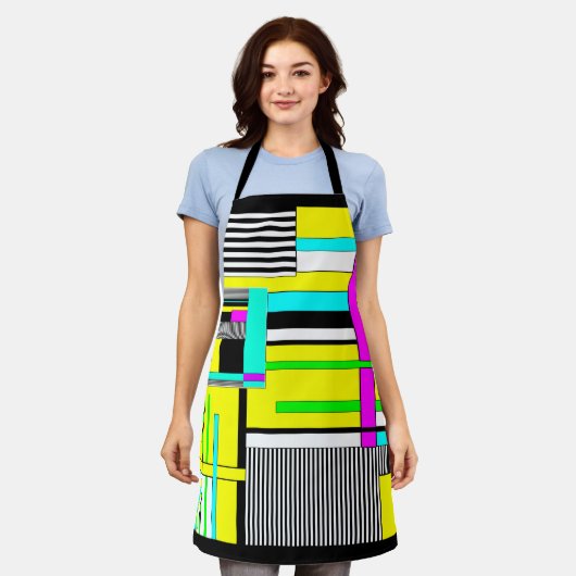 明るい抽象芸術幾何学的ネオンパターン投げピロ エプロン (着用した状態)