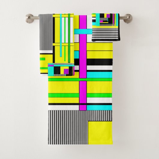 明るい抽象芸術幾何学的ネオンパターン投げピロ バスタオルセット (インサイチュ)