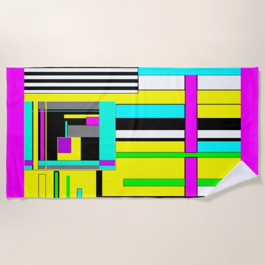 明るい抽象芸術幾何学的ネオンパターン投げピロ ビーチタオル (正面)