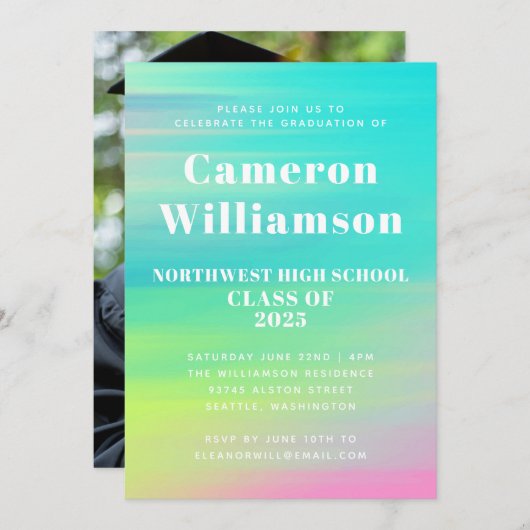 明るい抽象芸術水色卒業パーティー写真 招待状 (正面/裏面)