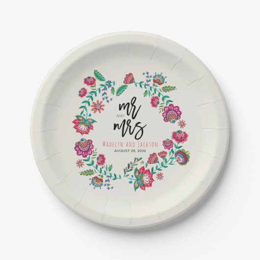 明るい数々のフォークの花結婚色 ペーパープレート (正面)