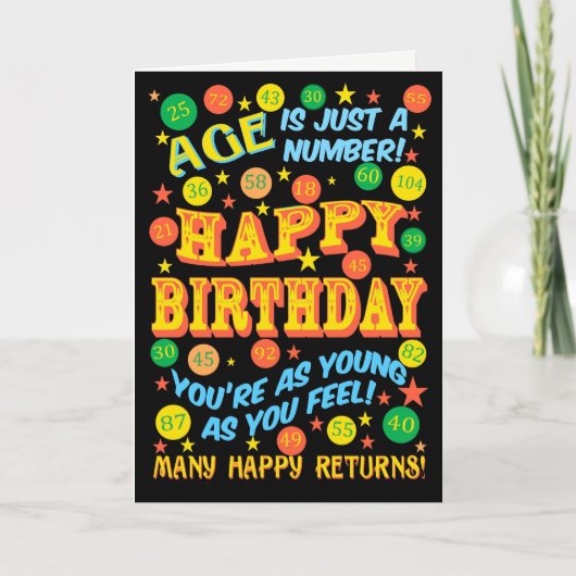 明るい文字ベースの誕生日でAny Age on Black カード (正面)