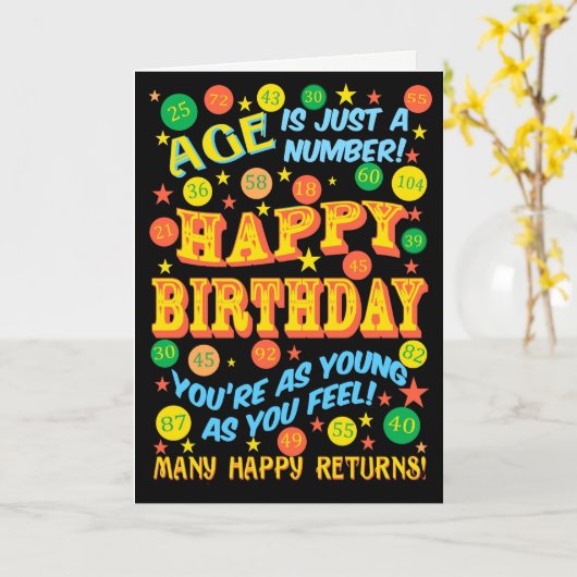 明るい文字ベースの誕生日でAny Age on Black カード (黄色い花)