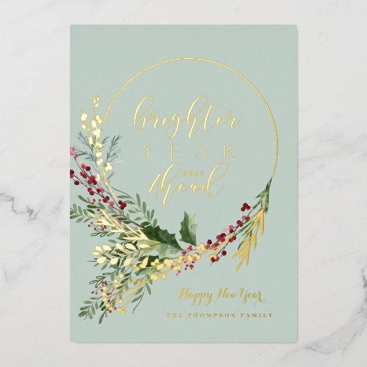 明るい新年を彩る水彩画の花輪　新年 箔シーズンカード (正面)