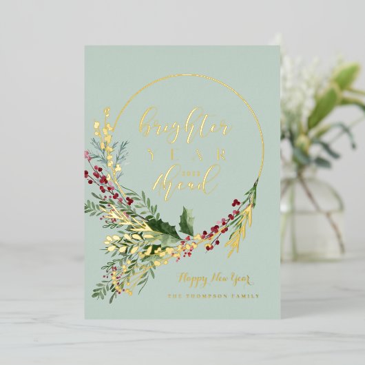 明るい新年を彩る水彩画の花輪 新年 箔シーズンカード (立ち正面)