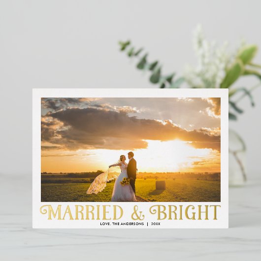 明るい新結婚した婚たった今結婚しましたのクリスマス 箔シーズンカード (立ち正面)