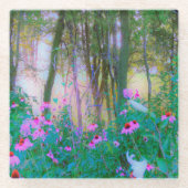 明るい日の出と私の庭のピンクの円錐飾り ガラスコースター (正面)