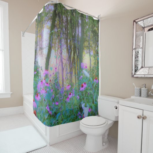 明るい日の出と私の庭のピンクの円錐飾り シャワーカーテン (インサイチュ)