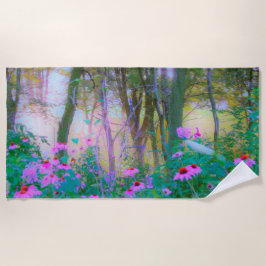 明るい日の出と私の庭のピンクの円錐飾り ビーチタオル