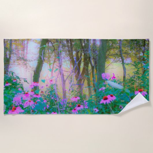 明るい日の出と私の庭のピンクの円錐飾り ビーチタオル (正面)