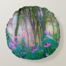 明るい日の出と私の庭のピンクの円錐飾り ラウンドクッション