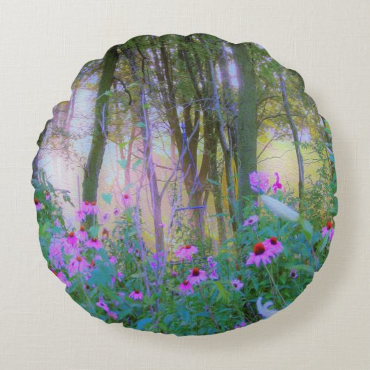 明るい日の出と私の庭のピンクの円錐飾り ラウンドクッション (正面)