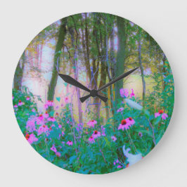 明るい日の出と私の庭のピンクの円錐飾り ラージ壁時計