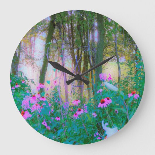 明るい日の出と私の庭のピンクの円錐飾り ラージ壁時計 (正面)