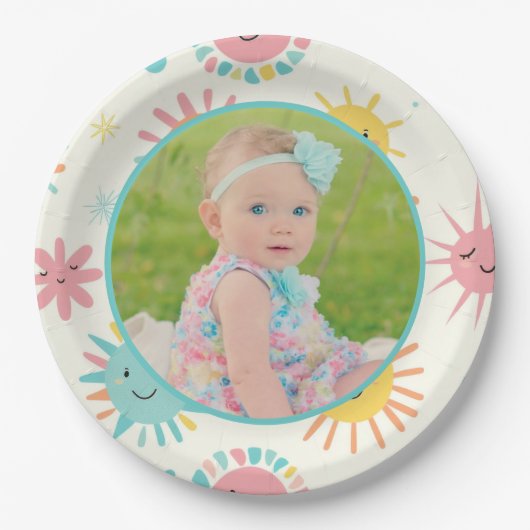 明るい日照りフォト誕生日 ペーパープレート (正面)