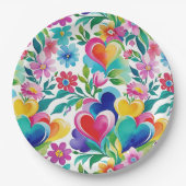 明るい明るいハートと花 ペーパープレート (正面)