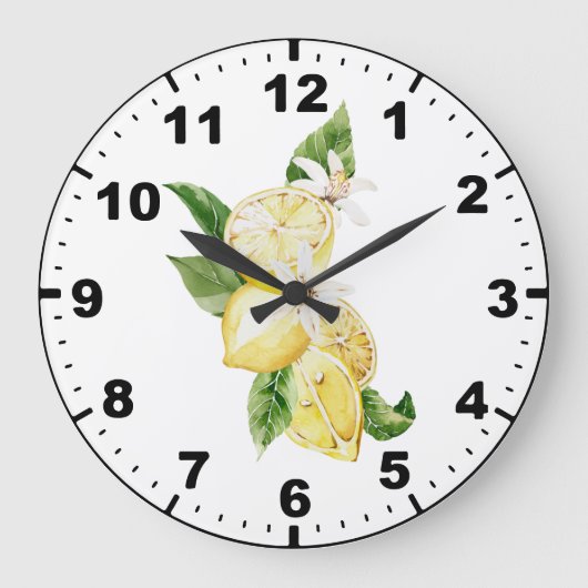 明るい明るい水彩レモンと緑 ラージ壁時計 (正面)