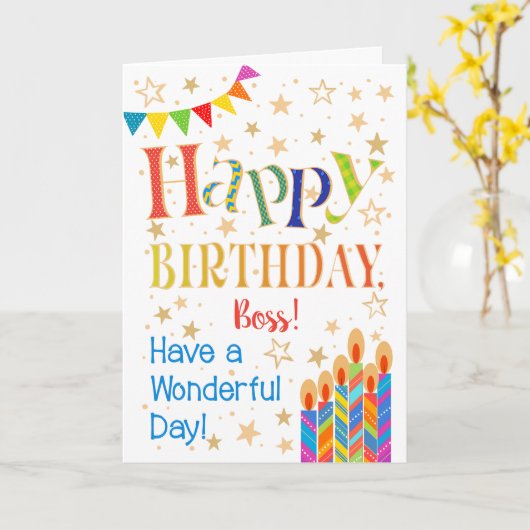 明るい星、旗布、主任の誕生日のための蝋燭 カード (黄色い花)