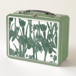 明るい春の水仙、チューリップイラストレーション。 メタルランチボックス