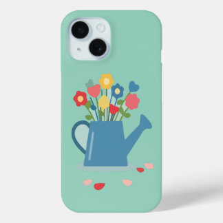 明るい春の花が描かれた魅力的なじょうろ iPhone 15ケース