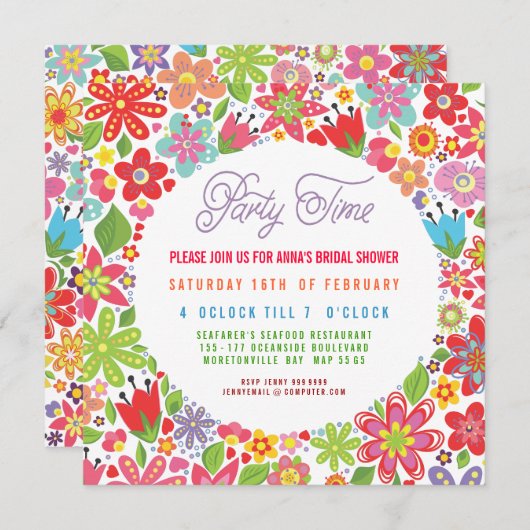 明るい春の花のブライダルシャワーの招待状 招待状 (正面/裏面)