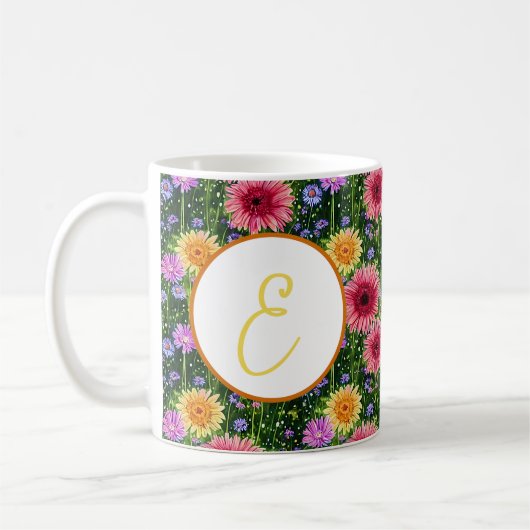 明るい春の花柄モノグラム コーヒーマグカップ (左)