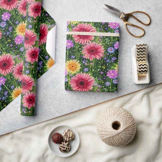 明るい春花柄 ラッピングペーパー (クラフト)