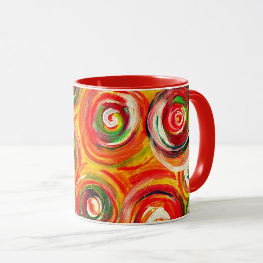 明るい暖かい円と渦巻きオリジナル抽象芸術 マグカップ (正面右)