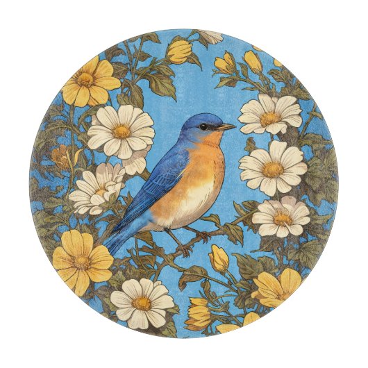 明るい東ブルーバードイエローと白の花 カッティングボード (正面)