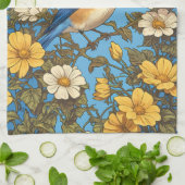 明るい東ブルーバードイエローと白の花 キッチンタオル (折り畳み)