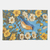 明るい東ブルーバードイエローと白の花 キッチンタオル (横)