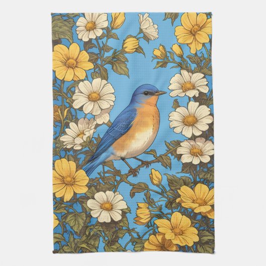 明るい東ブルーバードイエローと白の花 キッチンタオル (縦)