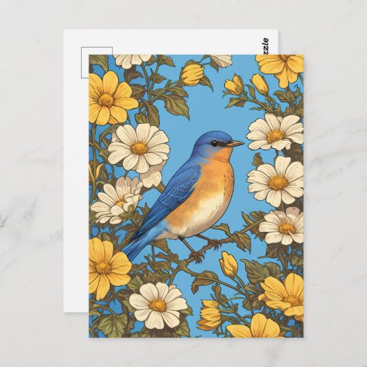 明るい東ブルーバードイエローと白の花 ポストカード (正面/裏面)