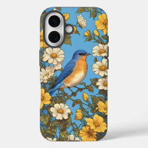 明るい東ブルーバードイエローと白の花 iPhone 16ケース