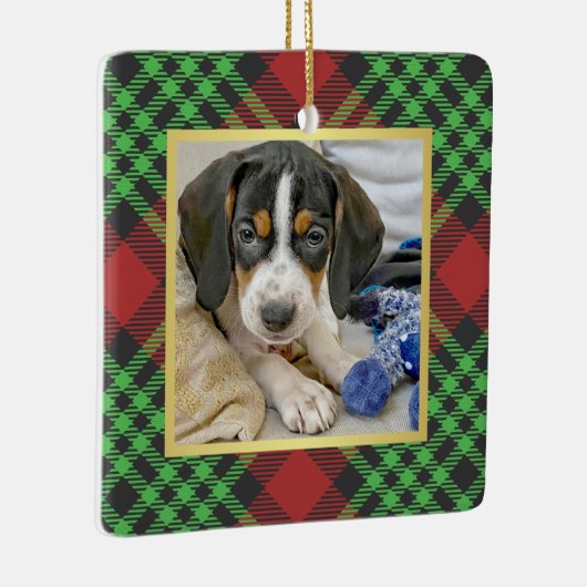 明るい格子模様のペット写真初めてのクリスマス セラミックオーナメント (右)