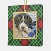 明るい格子模様のペット写真初めてのクリスマス セラミックオーナメント (左)