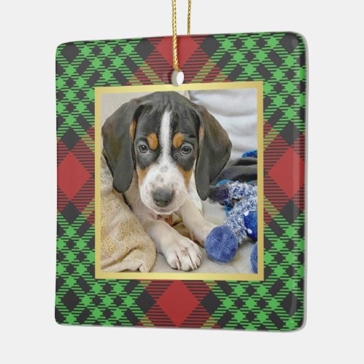明るい格子模様のペット写真初めてのクリスマス セラミックオーナメント (左)