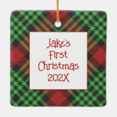 明るい格子模様のペット写真初めてのクリスマス セラミックオーナメント (裏面)