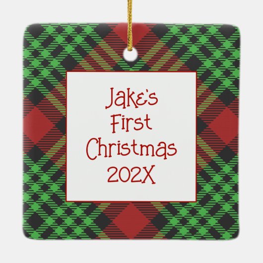 明るい格子模様のペット写真初めてのクリスマス セラミックオーナメント (裏面)