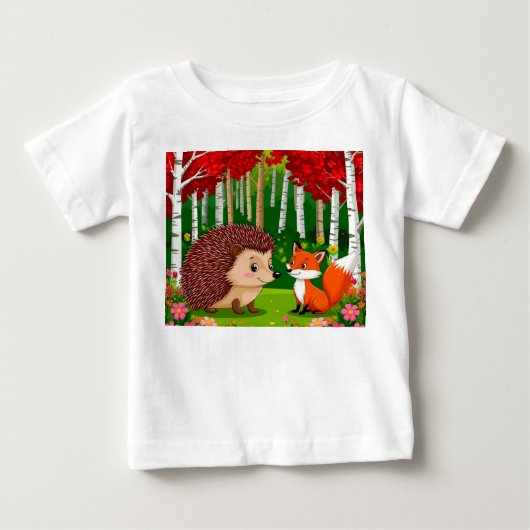 明るい森の可愛いハリネズミとキツネ ベビーTシャツ (正面)