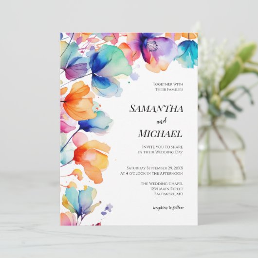 明るい水の色のフローラエレガモダンントウェディング 招待状 (スタンド正面)