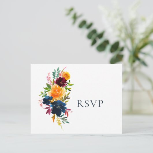 明るい水カラーフローラウェディングRSVP インビテーションポストカード (スタンド正面)