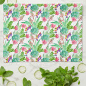 明るい水彩のサボテンと多汁の模様 キッチンタオル (折り畳み)