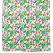 明るい水彩のサボテンと多汁の模様 シャワーカーテン (正面)