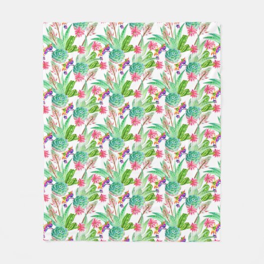 明るい水彩画のサボテン及び水気が多いパターン フリースブランケット (正面)