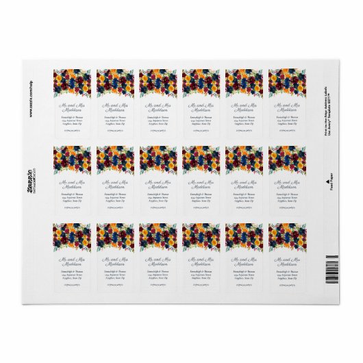 明るい水彩花模様の白い返信住所ラベル ラベル (フルシート)