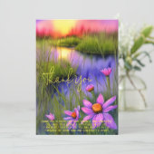 明るい水色の日没の池と花のカスタム カード (スタンド正面)